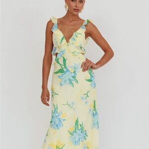 Selfie Leslie Yellow and Blue Ruffled Wrap Maxi Dress